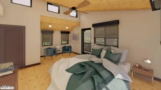 a bedroom with a bed window and mirror