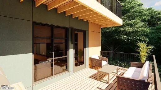 a view of balcony with seating space and wooden floor