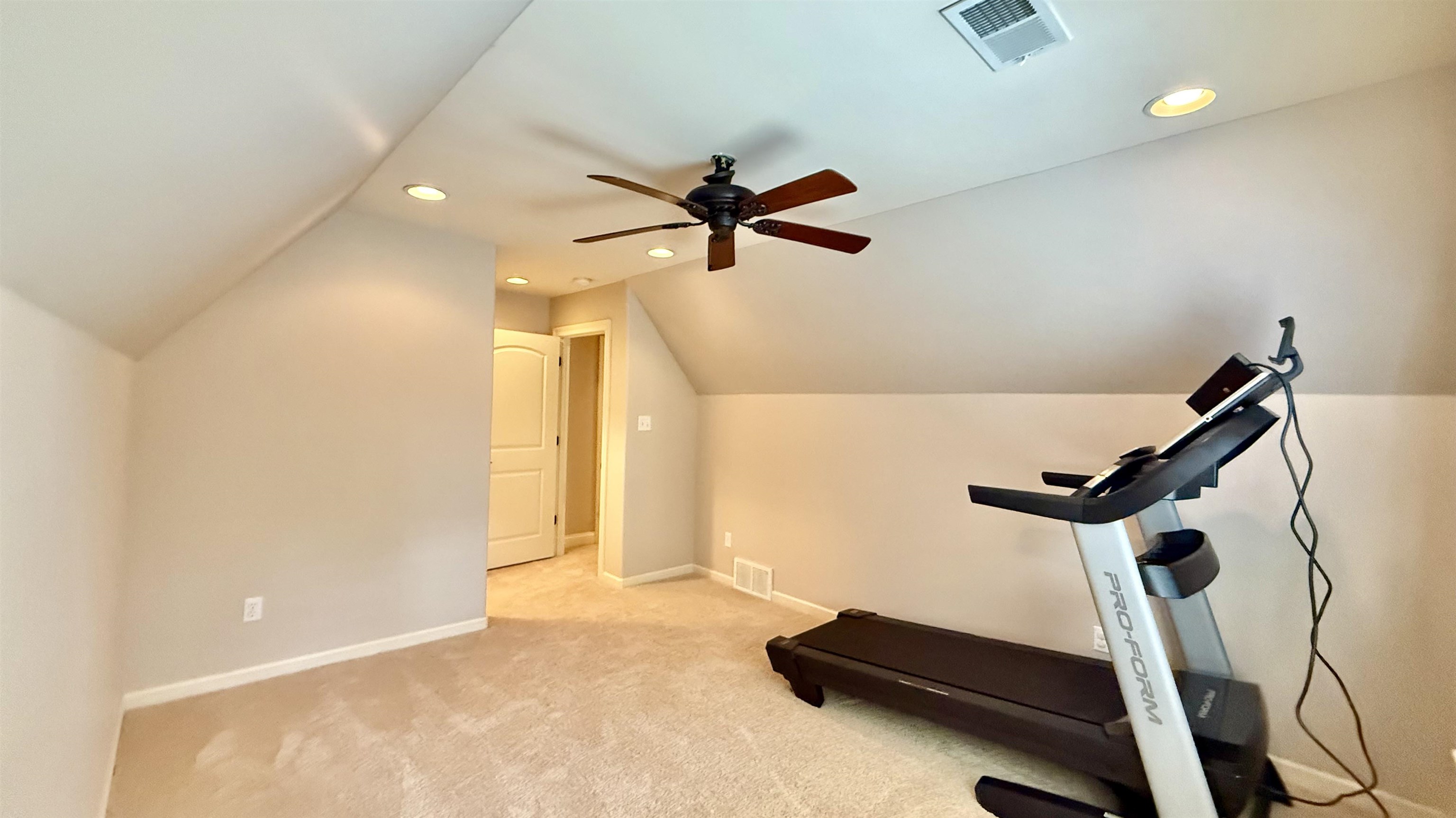 247 South Greer Street Memphis, TN 38111 - Photo 23 of 29 Exercise area featuring lofted ceiling, light carpet, recessed lighting, and a ceiling fan