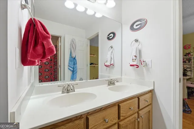 a bathroom with a sink vanity and a mirror