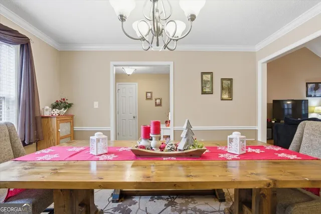 a view of a dining room with furniture