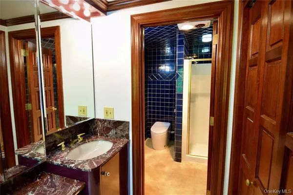 a bathroom with a granite countertop sink and a mirror