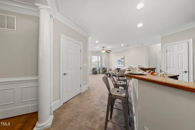 a view of a dining room with furniture