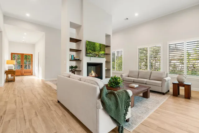 a living room with furniture fireplace and potted plants