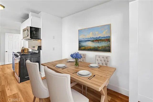 a view of a dining room with furniture