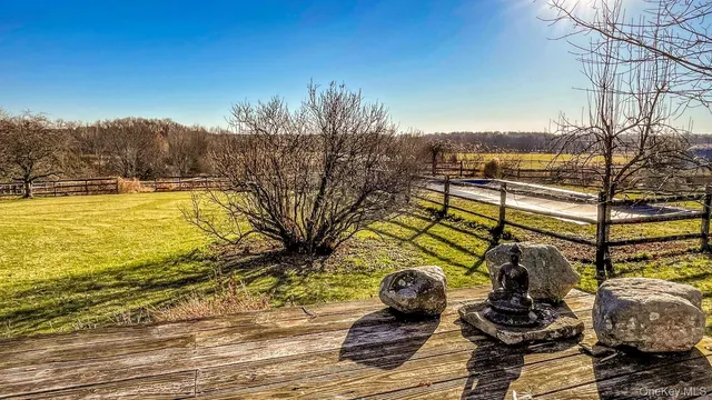 a view of a swimming pool with a patio and garden