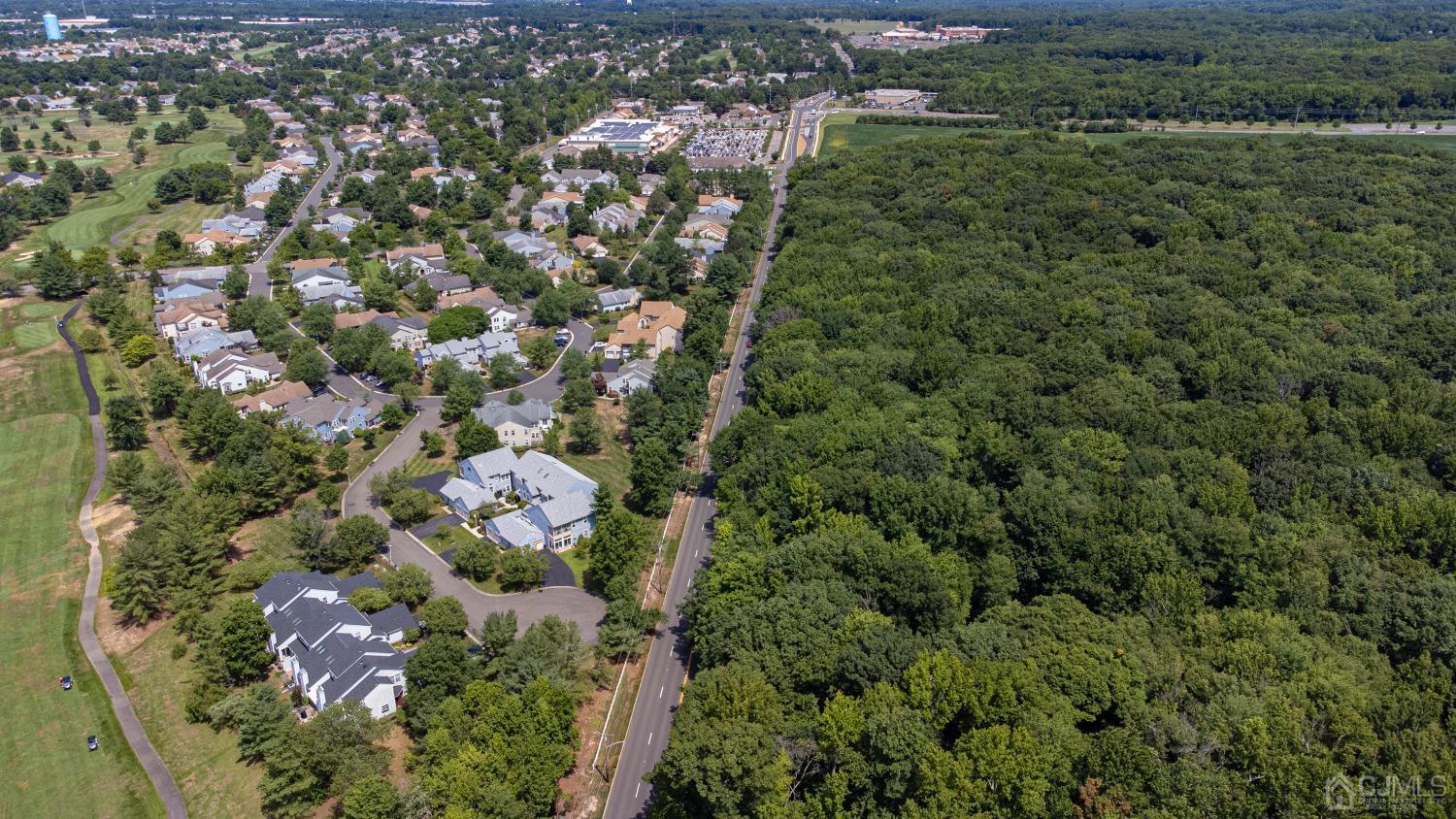 an aerial view of residential houses with outdoor space and trees