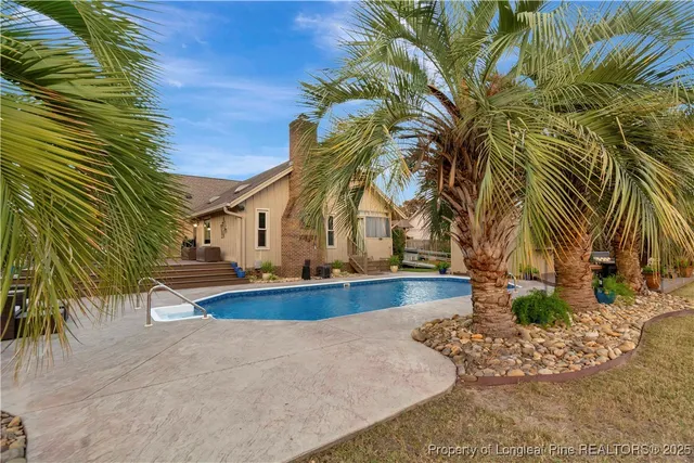 a palm tree sitting in front of a house with a big yard