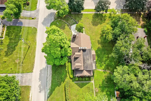 a garden view with a seating space