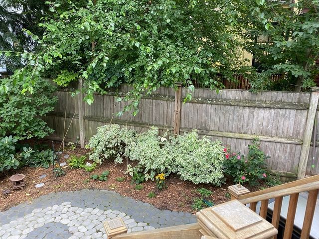 a view of a chair and table in backyard