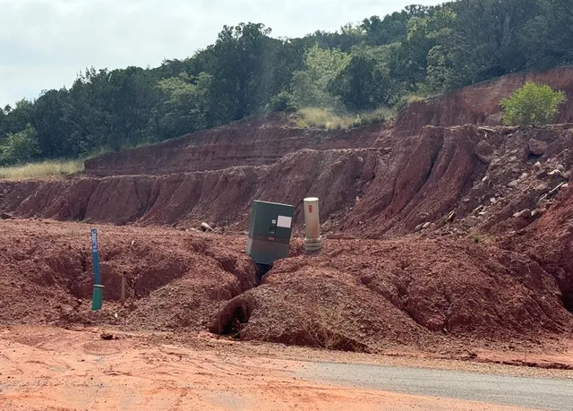 a view of a backyard with large trees
