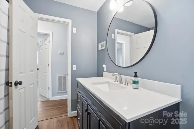 a bathroom with a sink a vanity and a mirror