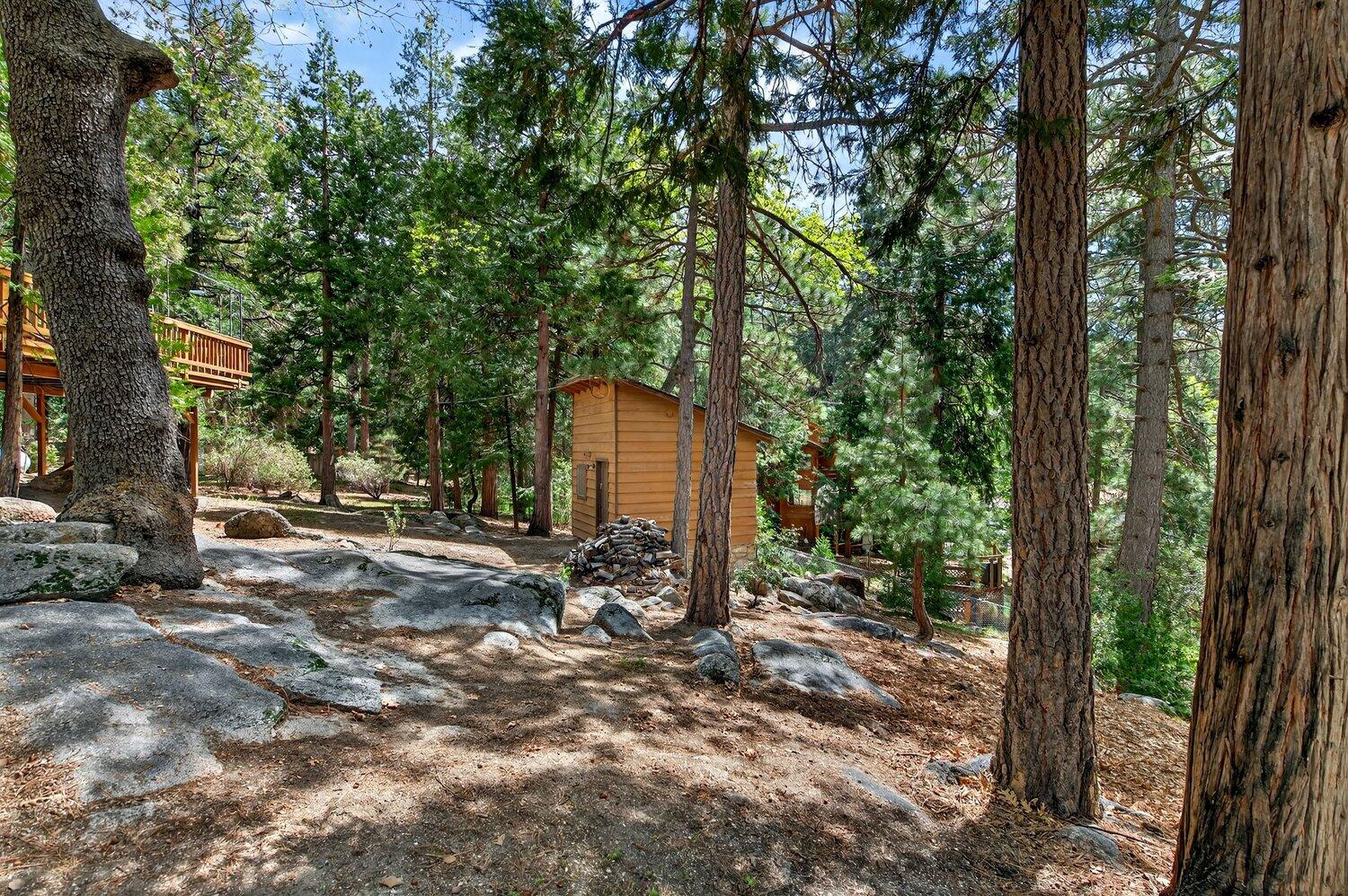 52230 Sylvan Way Idyllwild, CA 92549 - Photo 35 of 35 a backyard of a house with large trees and wooden fence