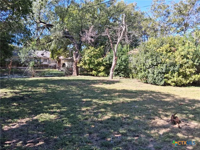 a view of a yard with large trees