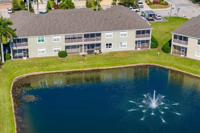 an aerial view of a swimming pool