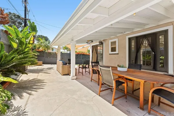 a backyard with potted plants and palm tree