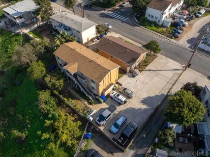 an aerial view of a house with a garden