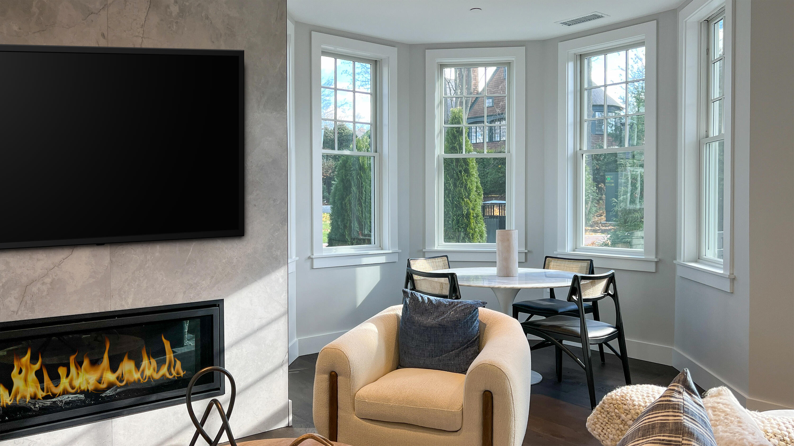 180 Park Street, Unit 204 New Canaan, CT 06840 - Photo 13 of 31 a living room with furniture fireplace and flat screen tv