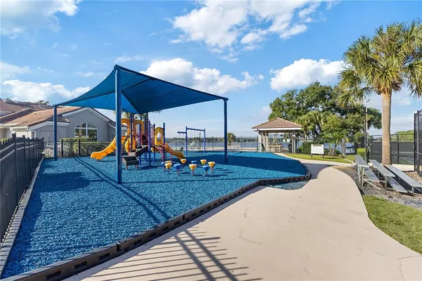 an outdoor space with seating