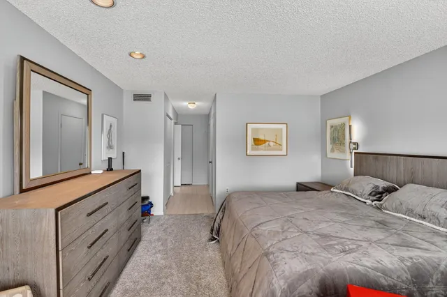 a bedroom with a bed and a closet