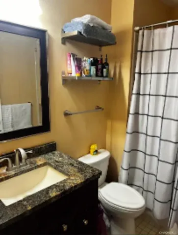 a bathroom with a granite countertop toilet sink and mirror