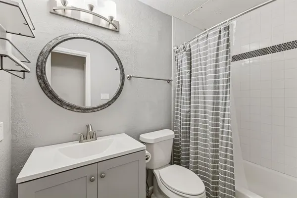 a bathroom with a sink a toilet and a mirror