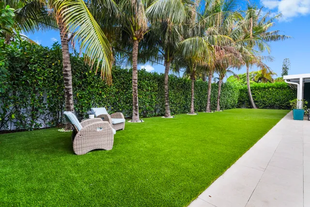 a garden view with a seating space