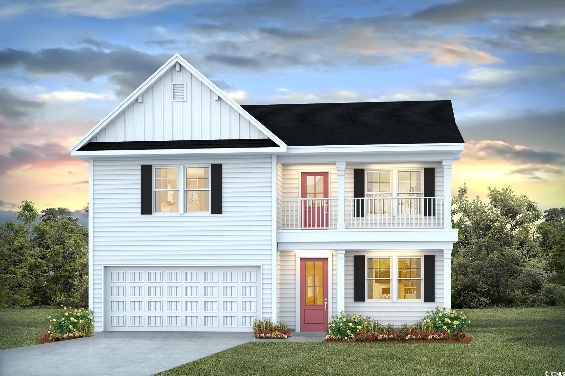 View of front of property with a balcony, a garage, board and batten siding, concrete driveway, and a yard