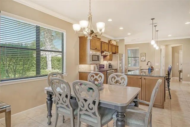 a view of a a dining room with furniture window and outside view