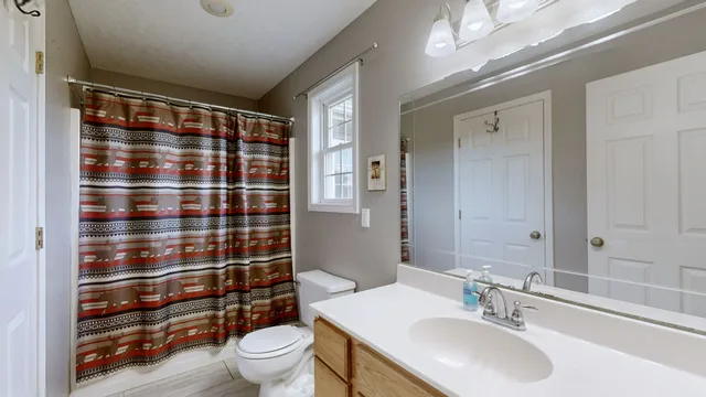 a bathroom with a sink a toilet a shower and a mirror