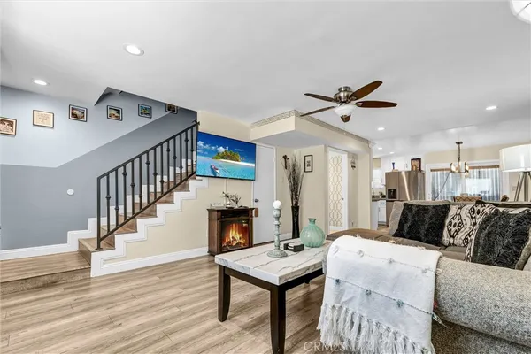 a living room with furniture and a table