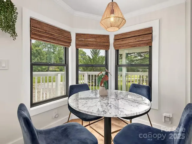 a view of a dining room with furniture window and outside view