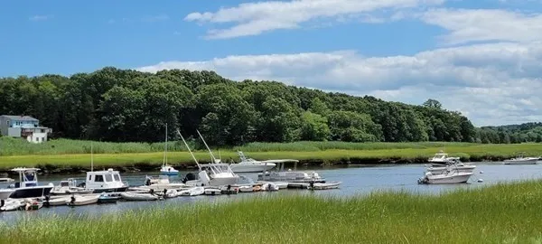 a view of a lake with lawn chairs