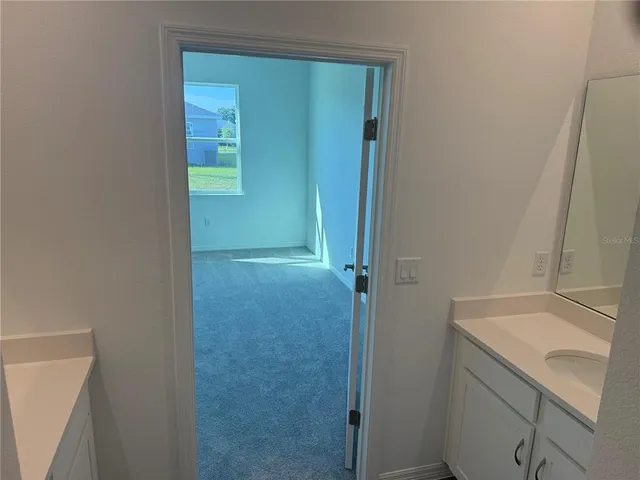 a bathroom with a sink and vanity