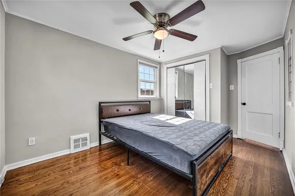 a view of a brick building from a porch