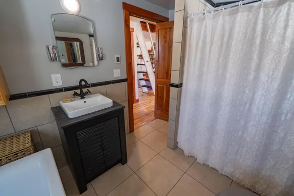 a bathroom with a sink a mirror and a shower