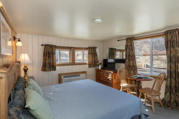 a bedroom with furniture and a window