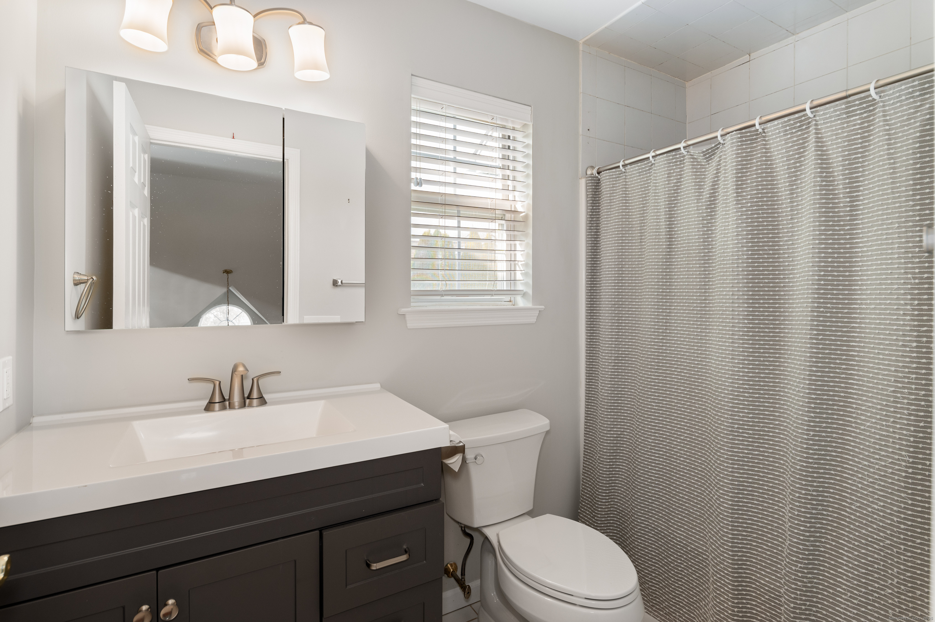 596 Glenbrook Road, Unit 36 Stamford, CT 06906 - Photo 16 of 25 a bathroom with a sink a toilet a mirror and shower curtain