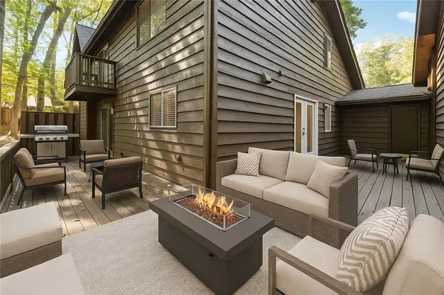 a view of a patio with couches and a potted plant on a table