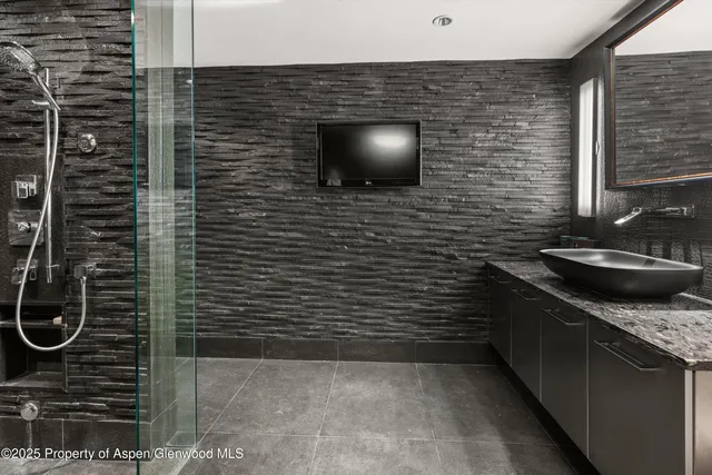 a bathroom with a shower and a sink