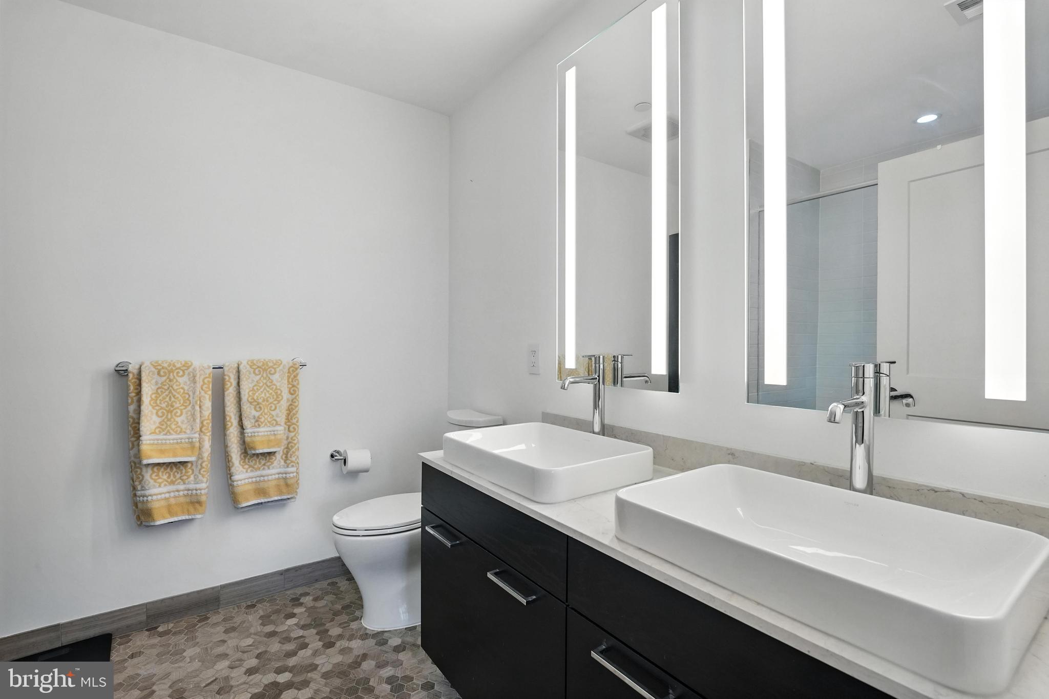 70 N Street Southeast, Unit N913 Washington, DC 20003 - Photo 13 of 77 a bathroom with a double vanity sink toilet and a mirror