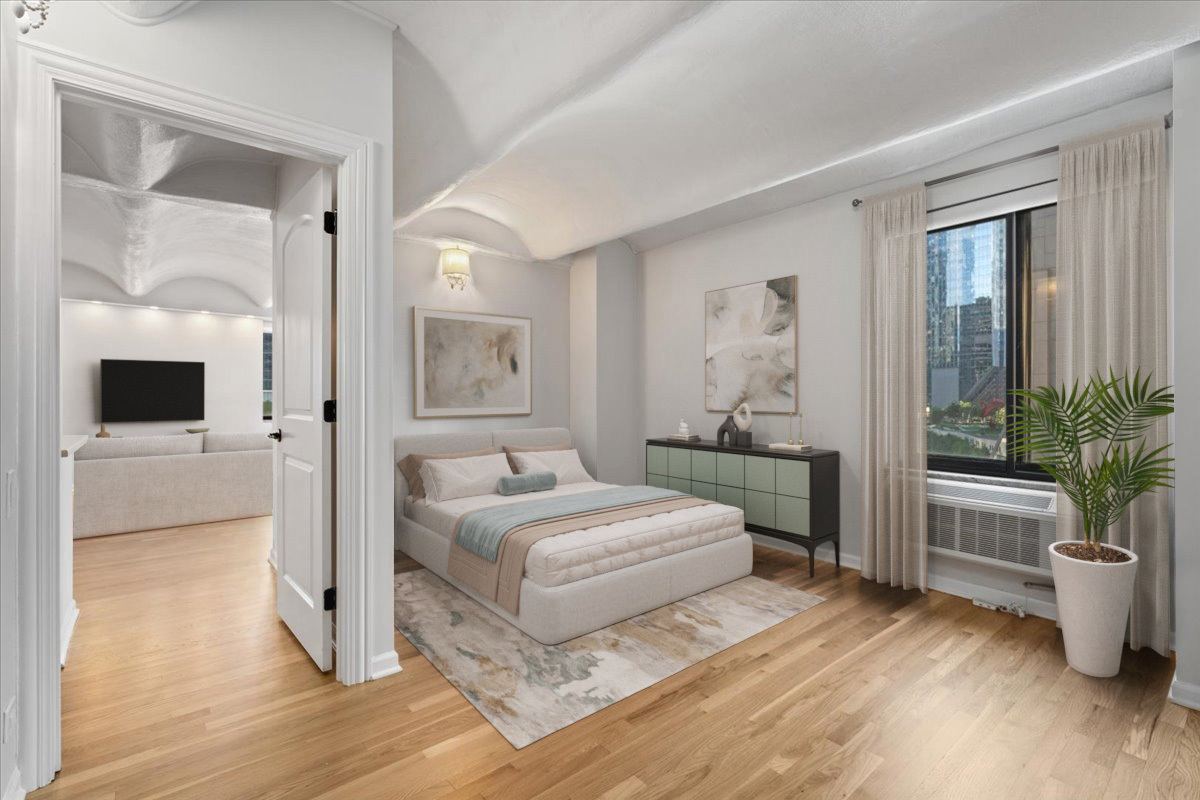 345 North Canal Street, Unit 608 Chicago, IL 60606 - Photo 21 of 27 a bedroom with a large bed and a potted plant