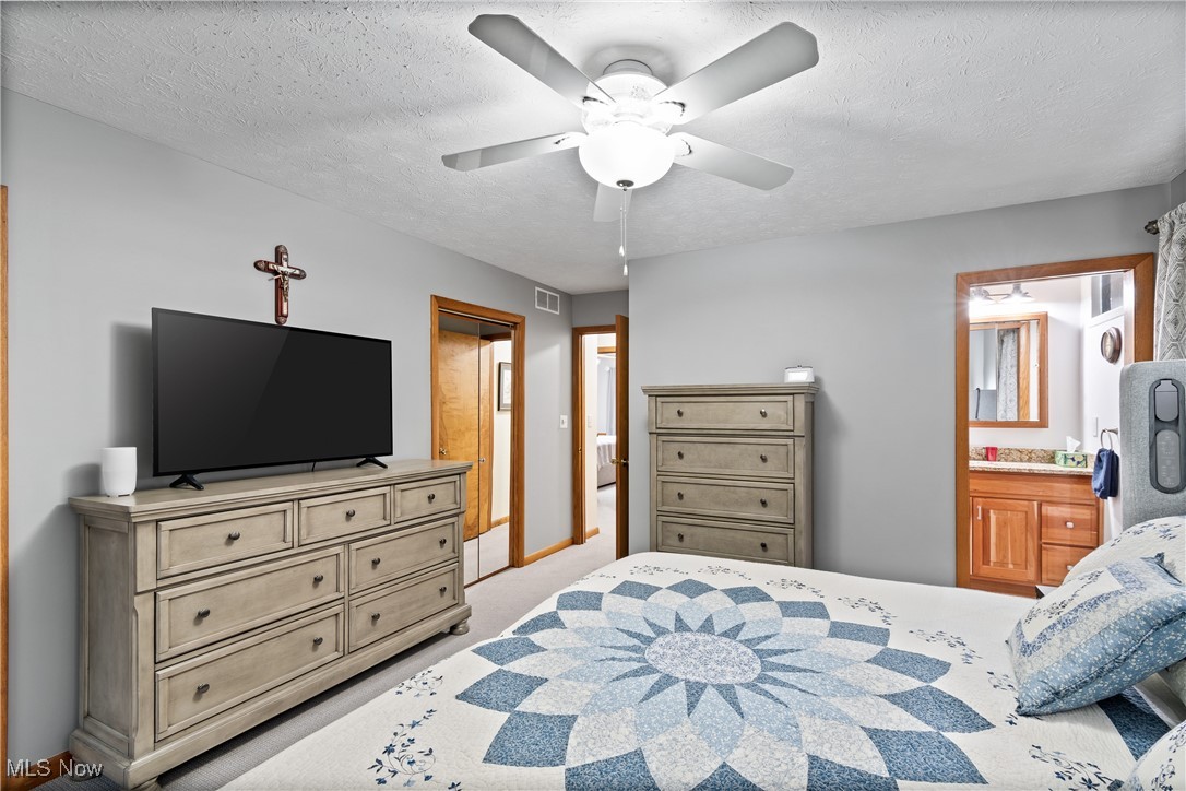 4640 Sherman Road Kent, OH 44240 - Photo 18 of 37 Bedroom featuring a textured ceiling, light colored carpet, ensuite bath, and a ceiling fan