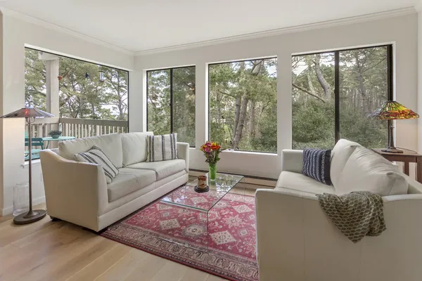 a living room with furniture and a rug