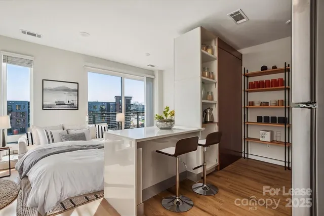 a living room with furniture a rug and a window