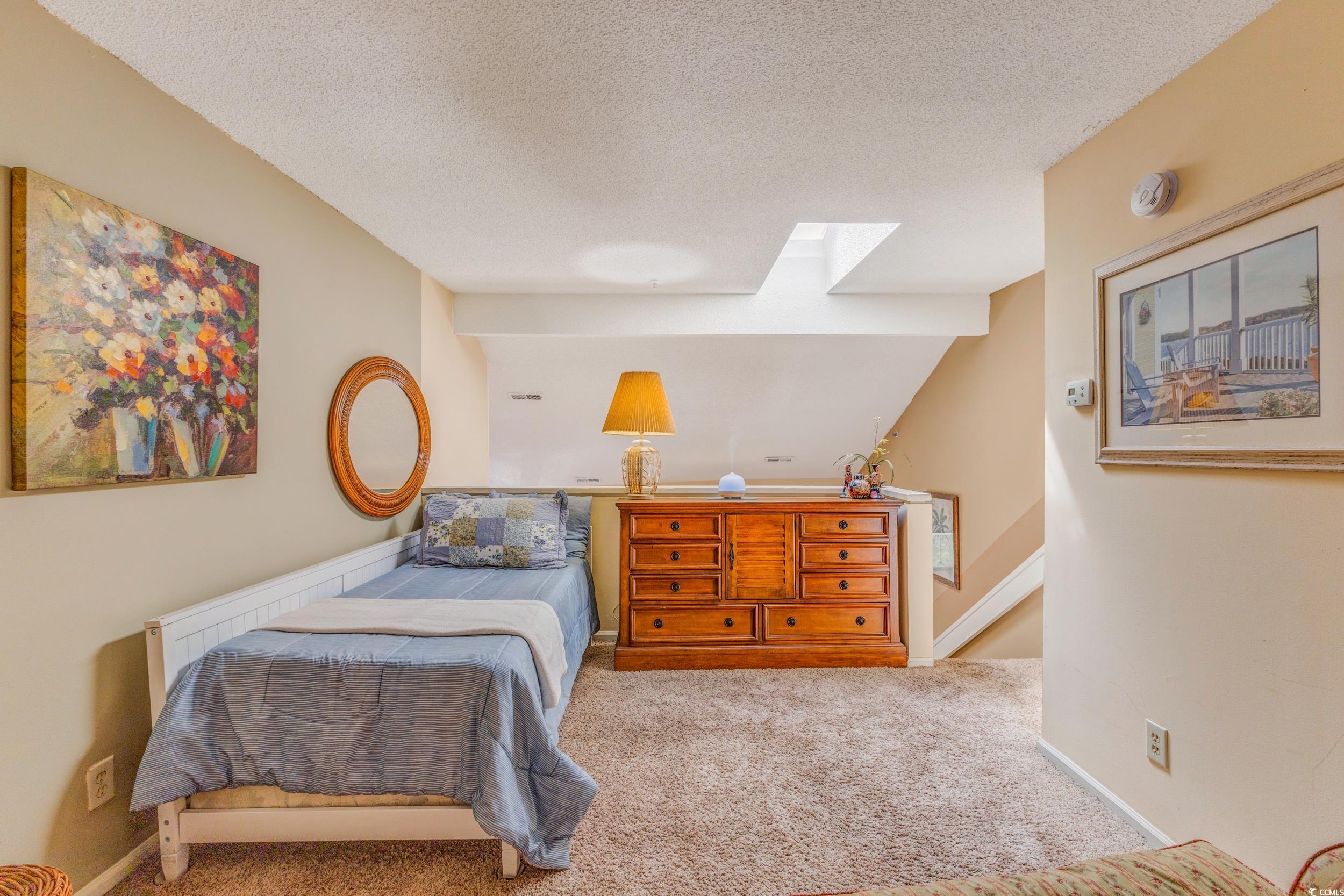 1100 Possum Trot Road, Unit G326 North Myrtle Beach, SC 29582 - Photo 9 of 21 Bedroom with a skylight, a textured ceiling, and carpet flooring