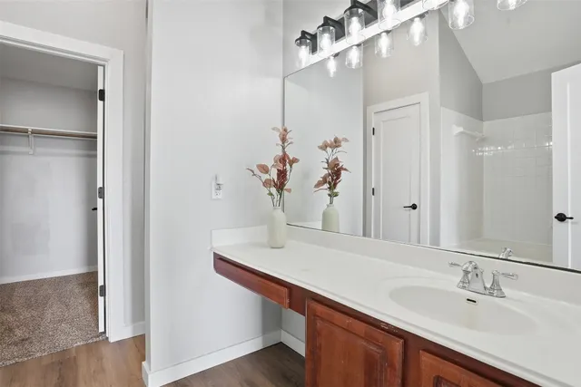 a bathroom with a sink and a mirror
