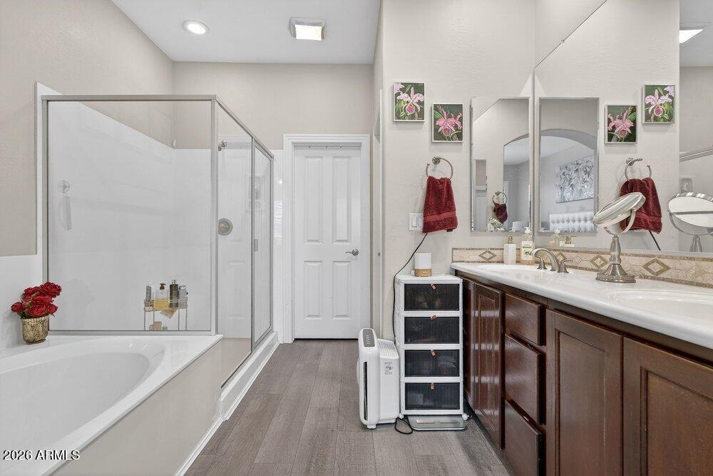 4777 South Fulton Ranch Boulevard, Unit 2035 Chandler, AZ 85248 - Photo 26 of 51 a en suite bathroom with a double vanity sink a mirror and shower