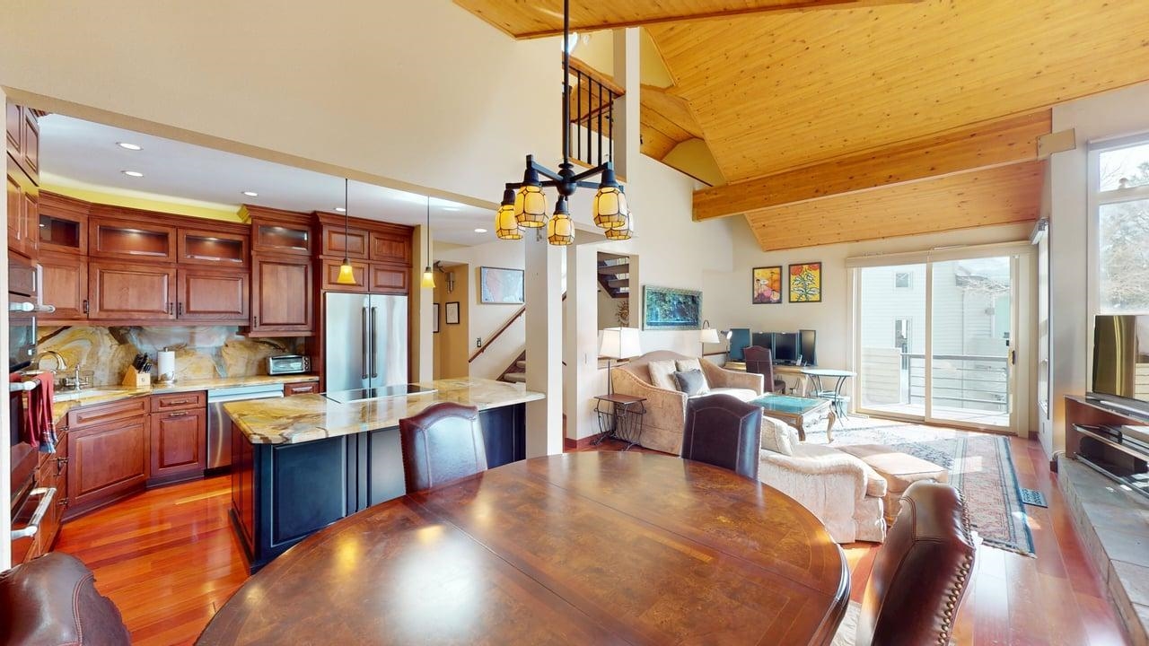 3600 Chateau Road, Unit 2 Mammoth Lakes, CA 93546 - Photo 8 of 27 Living area with dark wood-type flooring, recessed lighting, and a high ceiling