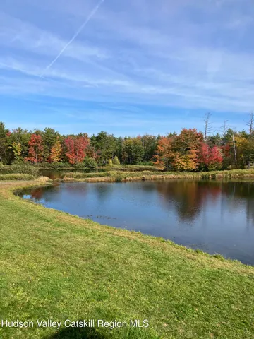 a view of a lake with houses in the back